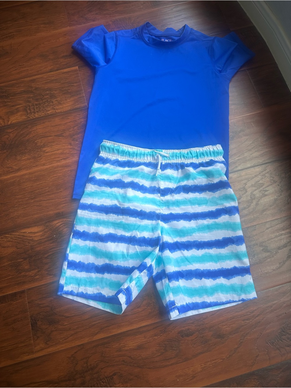 The Children's Place Blue Rash Guard Top and Striped Swim Shorts